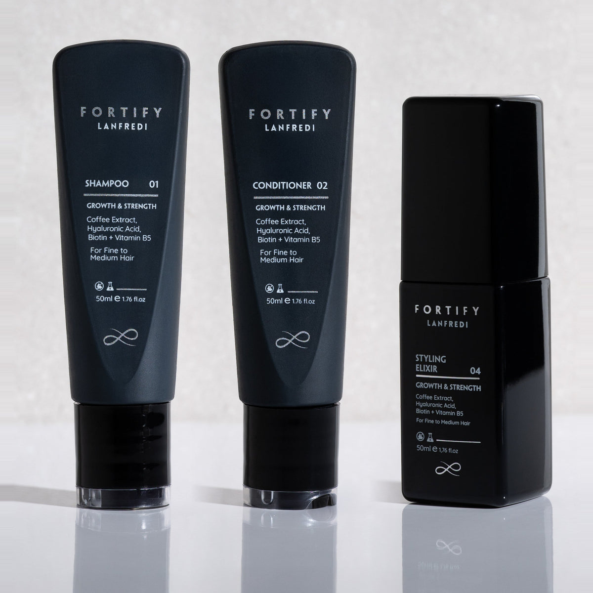 Fortify travel trio: shampoo, conditioner and styling elixir